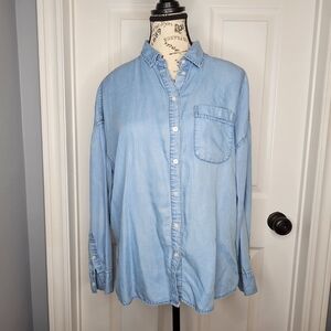 Suzy Shier Women's Blue Denim Look Long Sleeve Flowy Button Down Shirt Size M